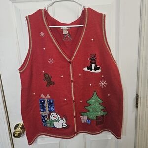 Festive Red Holiday Vest with Embroidered Designs
